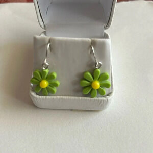 3/$20 Green and Yellow Silver Plated Flower Floral Groovy Dangling Drop Earrings